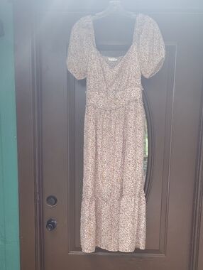 Lush Cream Midi Dress with Pink Floral Print